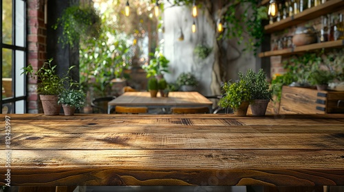 Rustic wooden table in a greenhouse restaurant with a view of the garden outside. Copy space.
