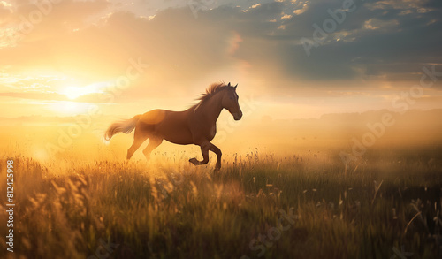 Horse running alone in grass field in sunset light  AI generative
