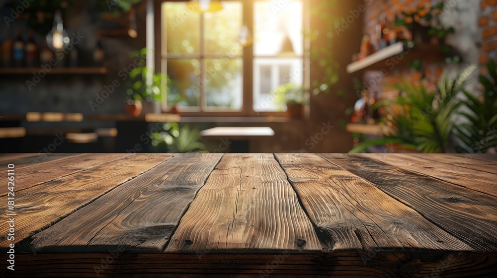 The photo shows a rustic wooden table with a blurred background of a restaurant or cafe. Copy space.