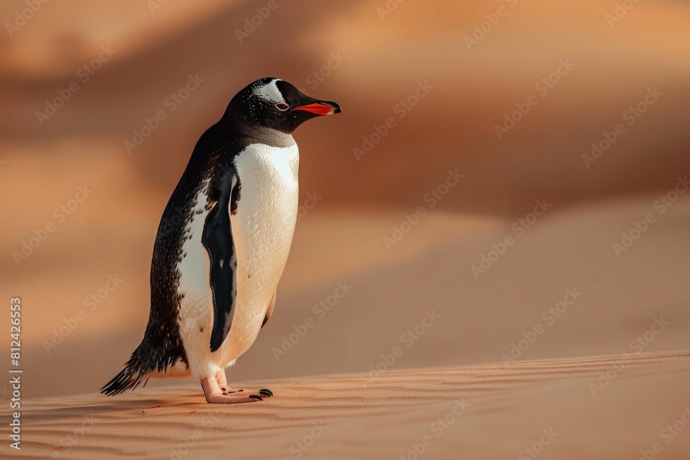 Fototapeta premium penguin on the beach, curious penguin in the desert, penguin on the sand
