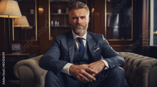 confident middle aged businessman sitting on couch of a hotel room. © ORG