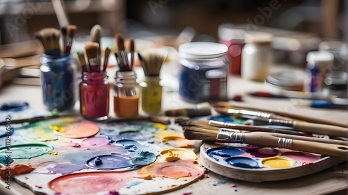 Close-up, selective focus of watercolor paints and paintbrushes on a table in a workshop.