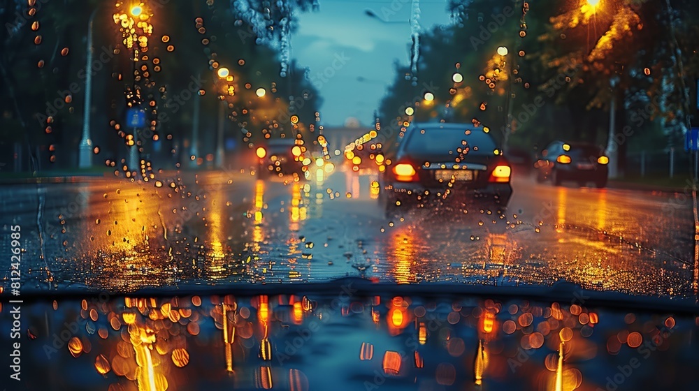 On a rainy night, a person in a car lights up the road with his headlights on, first-person vision. Generative AI. On a rainy night, a person in a car lights up the road with his headlights on, first-person vision. Generative AI.