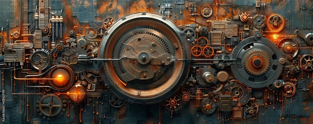 A modern industrial design where gears and electrical circuits are fused into a functional artwork A modern industrial design where gears and electrical circuits are fused into a functional artwork