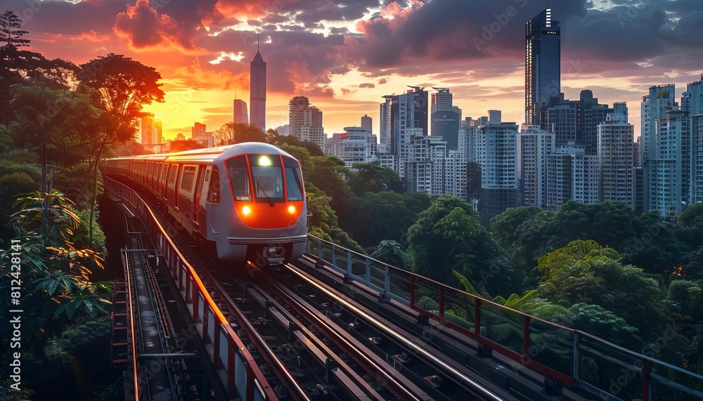 Fototapeta premium Represent a subway train emerging from a tunnel into an aboveground track, with a scenic cityscape in the background