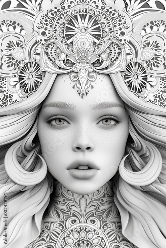 Adult coloring page, psychedelic mandala woman