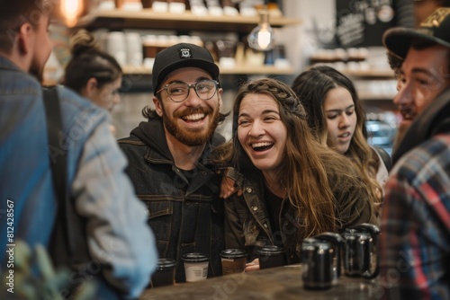 Enthusiastic guests at the grand opening of a roastery, sitting together at a bar and smiling