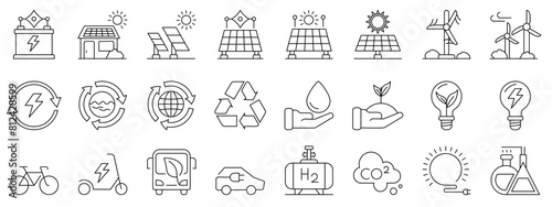 Green energy icon set. Collection of sustainable energy icons. Icons for renewable energy, green technology. Flat style icon. Environmental sustainability simple symbol.