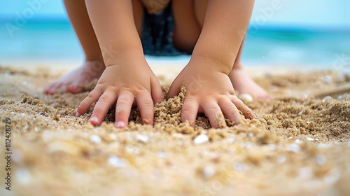 Child s hands digging in the sand at the beach photo