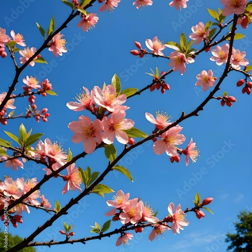An enchanting scene vibrant tung blossom stands tall against a clear blue sky