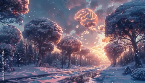 A mystical visual of a snowy landscape where trees have glowing brains in place of leaves and the ground is covered in frosty gears