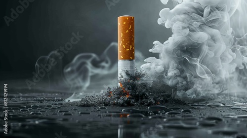 Cigarette in a clinical setting with tar visualized as a dark cloud around it, side view, highlighting health risks