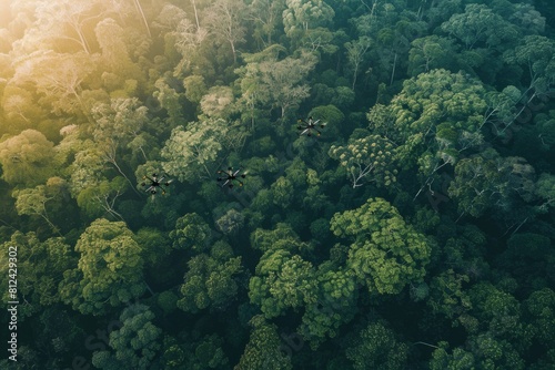 A high-angle view of a dense forest filled with lush green trees  with small drones visible hovering above