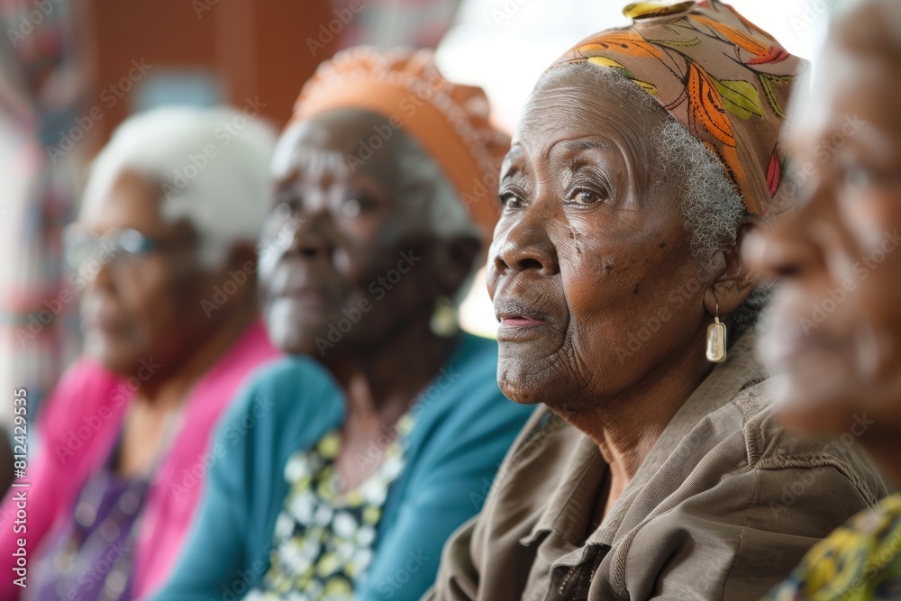 Elderly women are sitting closely together, engaged in a discussion during a community development meeting