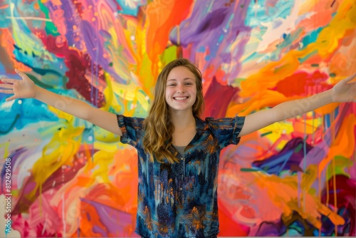 Young Caucasian woman standing before a large vibrant abstract painting