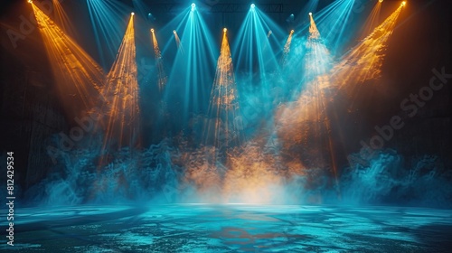 A stage with lights and smoke. The lights are blue and orange