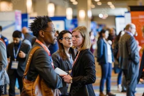 A wide shot of a group of individuals from different backgrounds standing together and networking in a busy conference hall