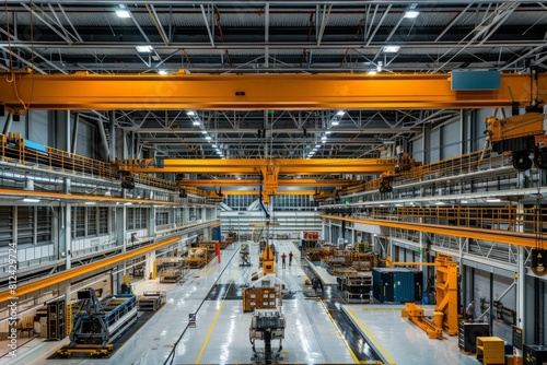 A busy manufacturing facility with workers operating machinery and an overhead crane in action photo