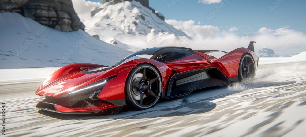 Naklejka premium High performance sports car racing across martian desert with mars base and mountains in distance