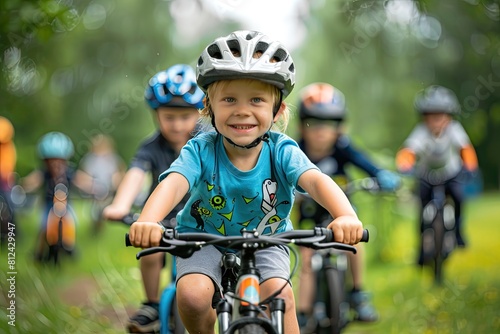 A young boy is riding a bike with a helmet on. He is smiling and he is enjoying himself © At My Hat