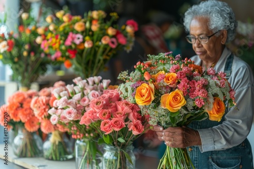 An elderly Black woman arranges a colorful bouquet of roses and chrysanthemums at a flower shop. © Good AI