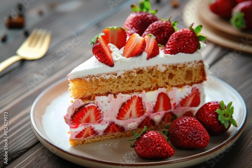 A slice of strawberry cake with whipped cream and strawberries on top. The cake is cut in half and placed on a white plate