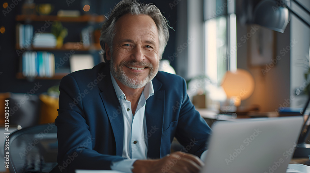 A smiling adult businessman who is using a laptop while seated at his desk. A contented and active middle-aged businessman, CEO, and manager who works in an office using corporate technology A smiling adult businessman who is using a laptop while seated at his desk. A contented and active middle-aged businessman, CEO, and manager who works in an office using corporate technology