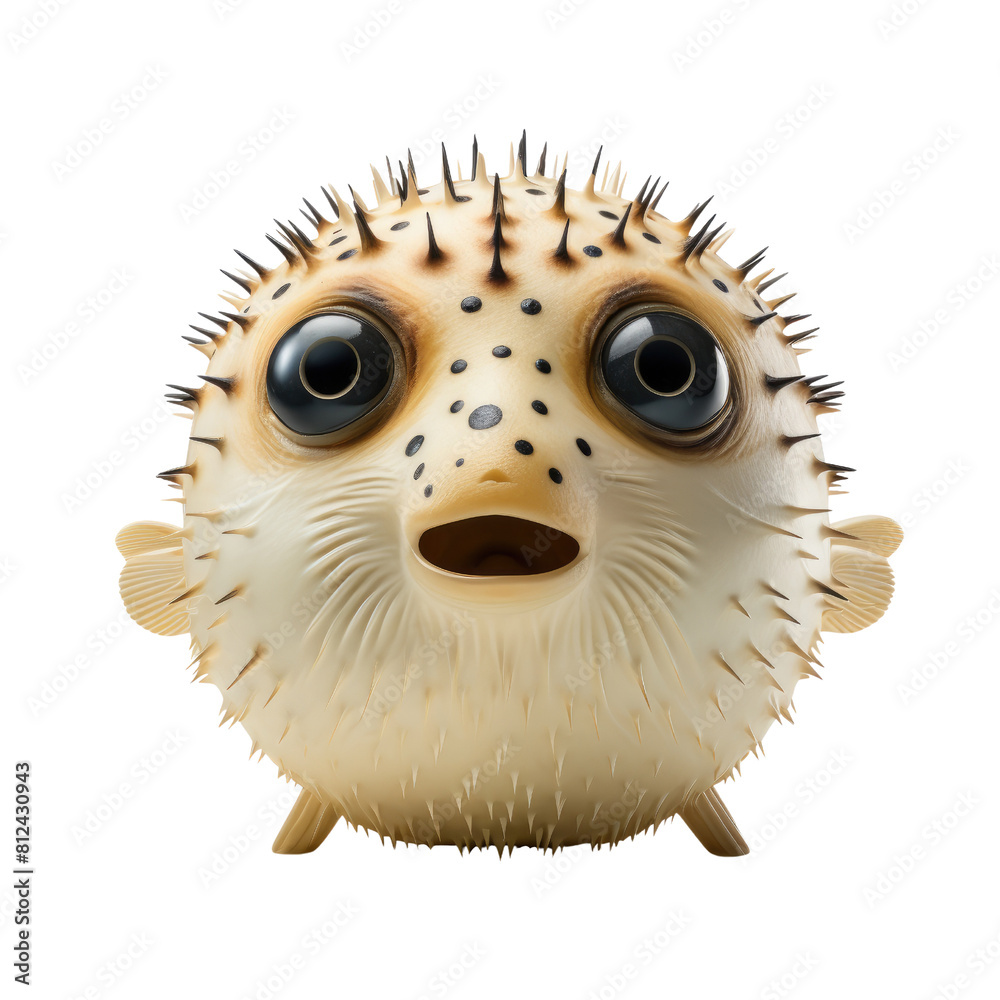 3D rendering of a cute pufferfish, with big eyes and a surprised expression on its face.