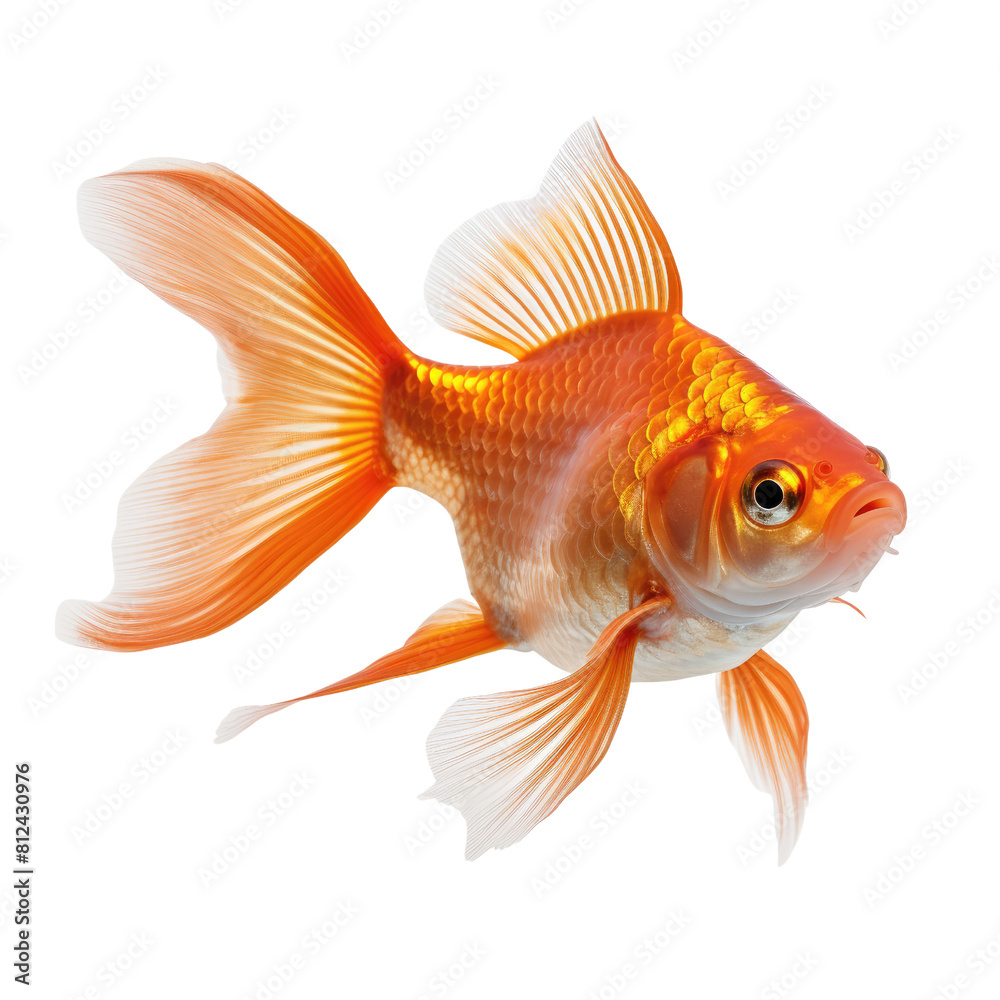 A beautiful orange goldfish with long fins is swimming On transparent background A beautiful orange goldfish with long fins is swimming On transparent background
