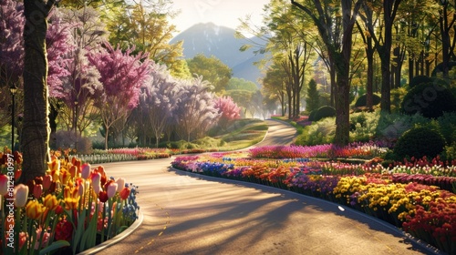 andscaped road where carefully selected flowers enhance the beauty of the surrounding scenery, creating a visual masterpiece photo