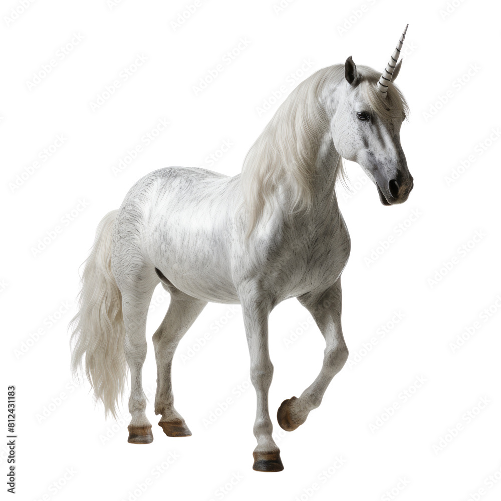 A white unicorn is standing on a white background. The unicorn is looking at the camera.