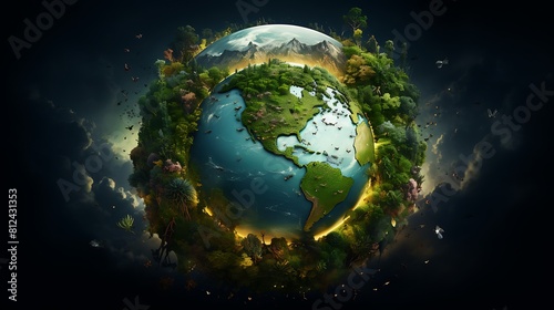 A digital painting of Earth with a tapestry of diverse ecosystems for Earth Day.