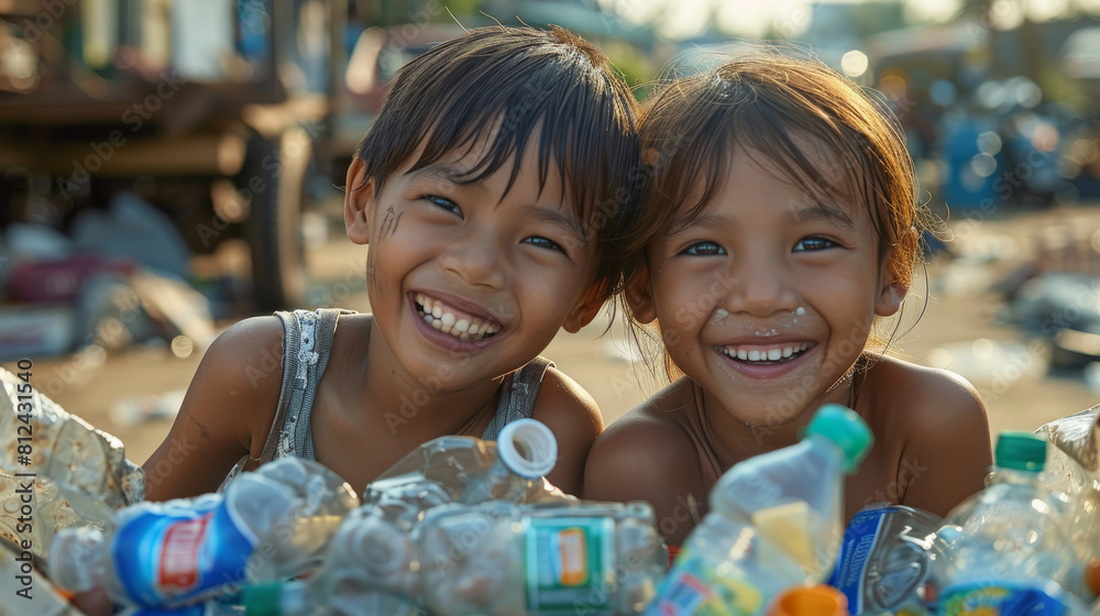 Portrait of two smiling children who collect plastic bottles in a garbage bag. Generative AI. Portrait of two smiling children who collect plastic bottles in a garbage bag. Generative AI.