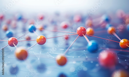 Intricate Network of Colorful Spheres Connected by Wires on Blue Background, Symbolizing Global Communication and Connectivity