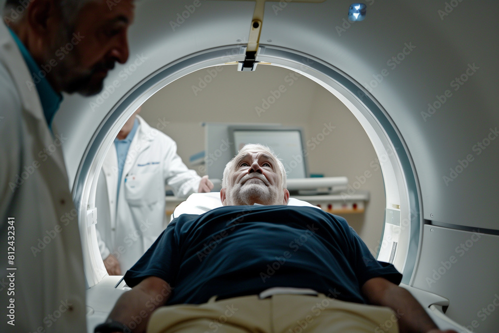 Man going into CT scanner. CT scan technologist overlooking patient in Computed Tomography scanner during preparation for procedure
