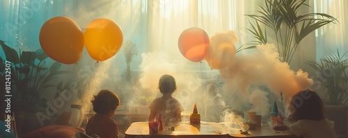 A poignant scene of a childs birthday party held indoors with air purifiers running, while outside is a hazy landscape photo