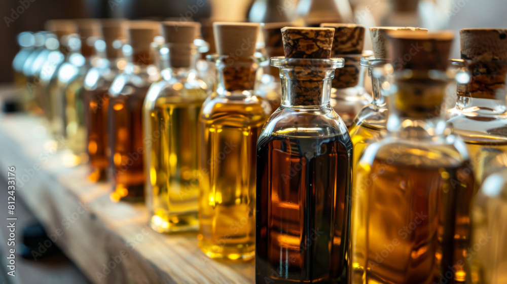 In the background are various essential oils in jars. There are a lot of oils on the shelf. Dangerous and healthy oils. In the background are various essential oils in jars. There are a lot of oils on the shelf. Dangerous and healthy oils.