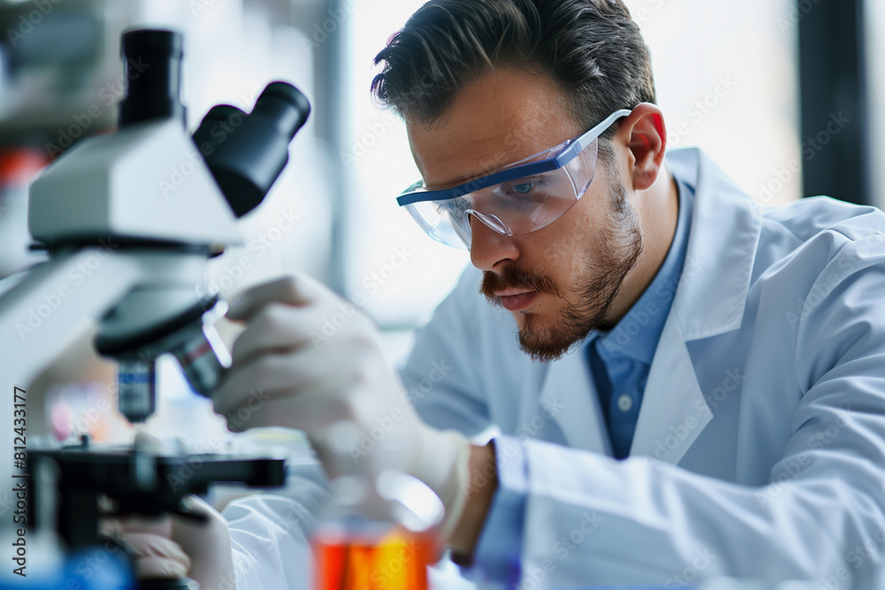 A man in a lab coat is wearing safety goggles and looking through a microscope. He is examining a sample of liquid A man in a lab coat is wearing safety goggles and looking through a microscope. He is examining a sample of liquid