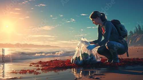 A person participating in a beach cleanup to protect marine life for Earth Day. photo