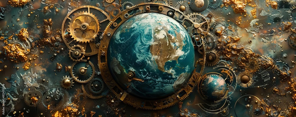 A powerful graphic of Earth enveloped in a cage of gears, depicting the mechanization of the natural world A powerful graphic of Earth enveloped in a cage of gears, depicting the mechanization of the natural world