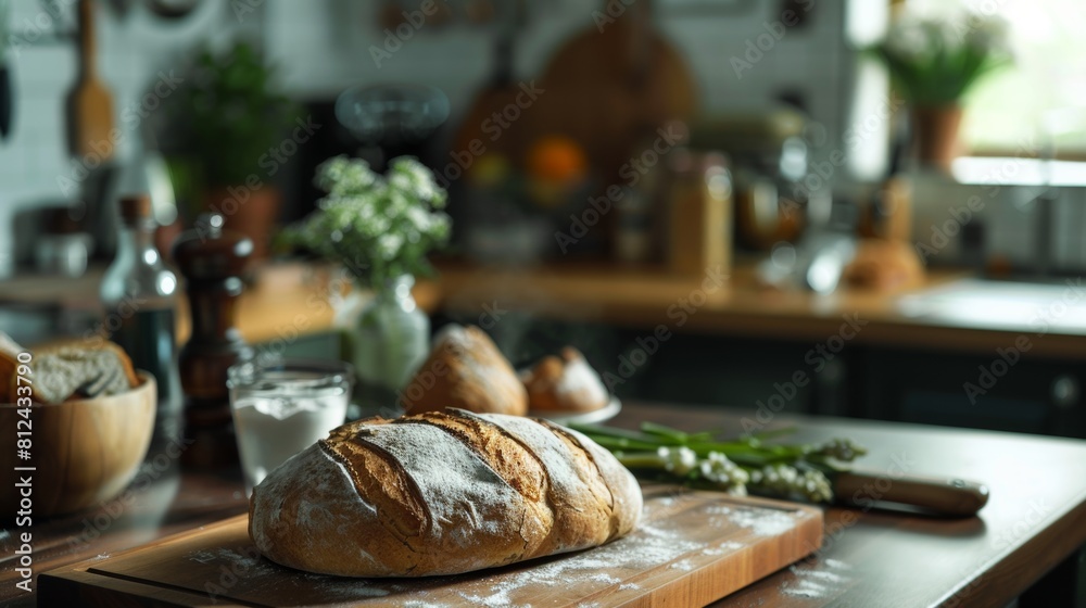 A freshly baked loaf of bread rests on a cutting board in a cozy kitchen setting. Generative AI A freshly baked loaf of bread rests on a cutting board in a cozy kitchen setting. Generative AI