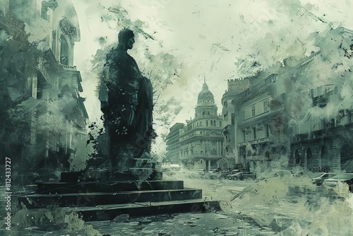 A powerful image of a statue in a city square, its features eroded and discolored by acid rain from air pollution photo