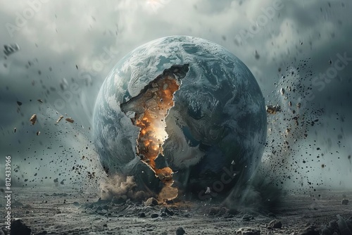 A powerful image of Earth being cracked open like an egg, with industrial waste spilling out
