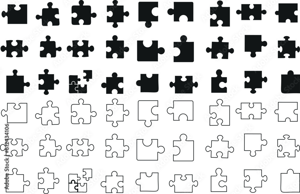 Obraz premium jigsaw puzzle piece silhouette and line art in various shapes, Perfect jigsaw puzzle vector set for concepts of connection, solution, challenge, complexity, game