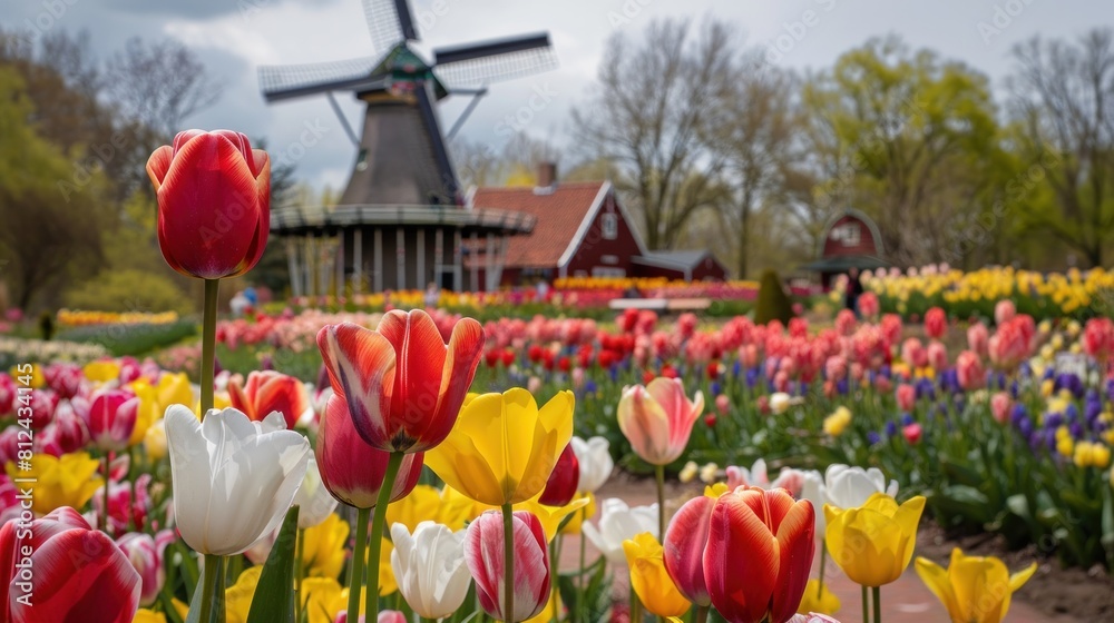 Obraz premium windmill country's landscapes as you take in the breathtaking views of colorful tulips swaying in the gentle breeze, creating a scene of pure tranquility