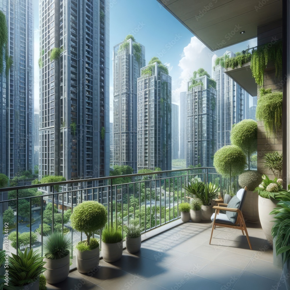 Balcony Oasis: Green Plants and Lounge Chairs Amidst Towering Buildings