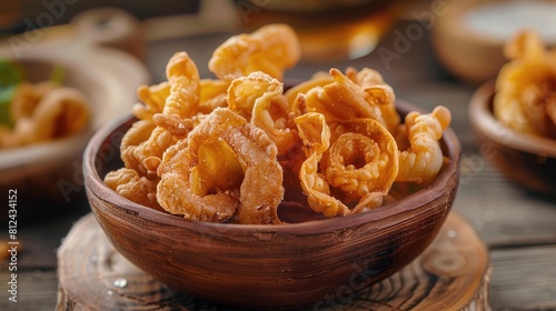 Deep fried pork skin snacks known as pork rinds or chicharron are a savory treat photo