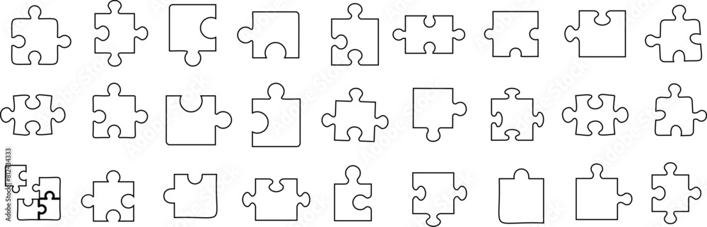 Black outline of puzzle pieces, jigsaw puzzle line art on white background. Illustrates complexity, solutions, connections. Ideal for educational content, business strategy visuals Black outline of puzzle pieces, jigsaw puzzle line art on white background. Illustrates complexity, solutions, connections. Ideal for educational content, business strategy visuals