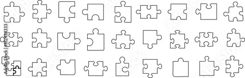 Black outline of puzzle pieces, jigsaw puzzle line art on white background. Illustrates complexity, solutions, connections. Ideal for educational content, business strategy visuals
