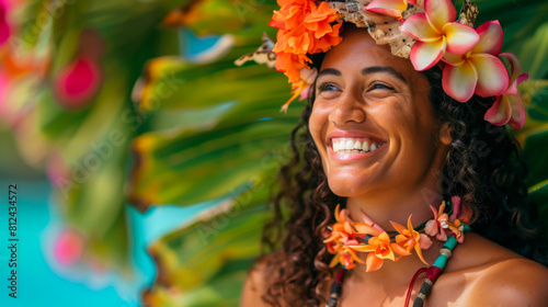Portrait of a happy islander walking on the ocean shore. A young woman with a bright wreath of flowers enjoys the weather outdoors.